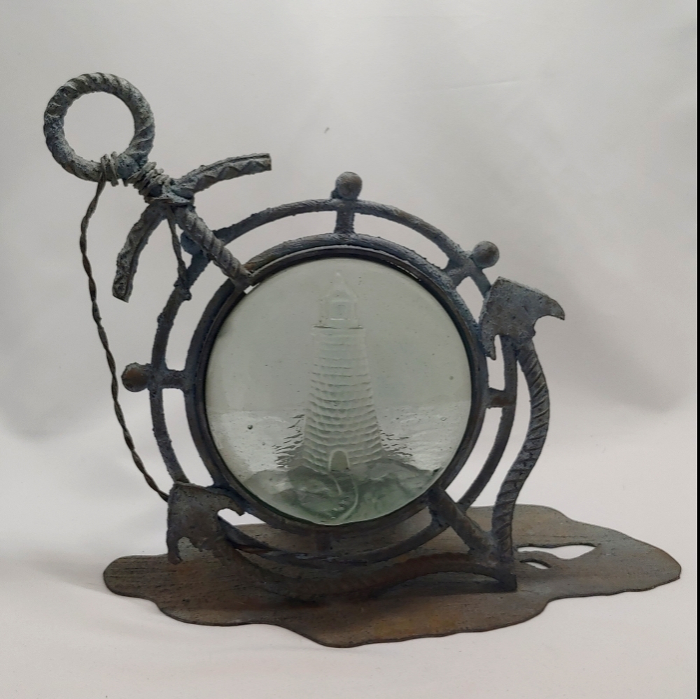 Vintage Nautical Iron Candle Holder in Patina Green and Rust Brown